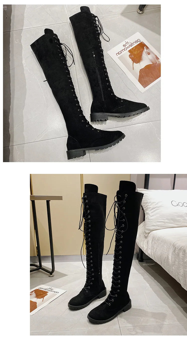 Lace Up Low Heel Winter Over The Knee Boots for Women