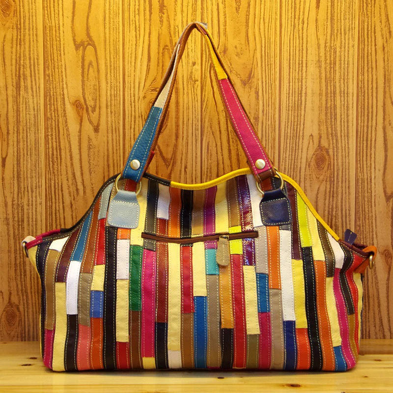 Patchwork Genuine Leather Shoulder Tote Bag for Women