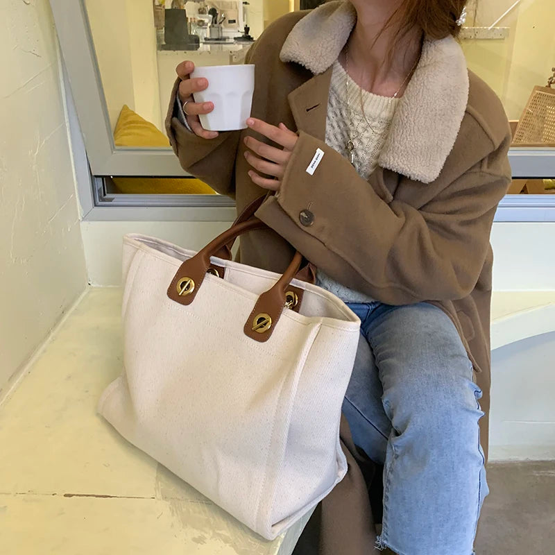 New Women Tote Bag Fashion Canvas Large Handbag Chains Genuine Leather Shoulder Bags Ladies Big Messenger Bag Shopping Bag