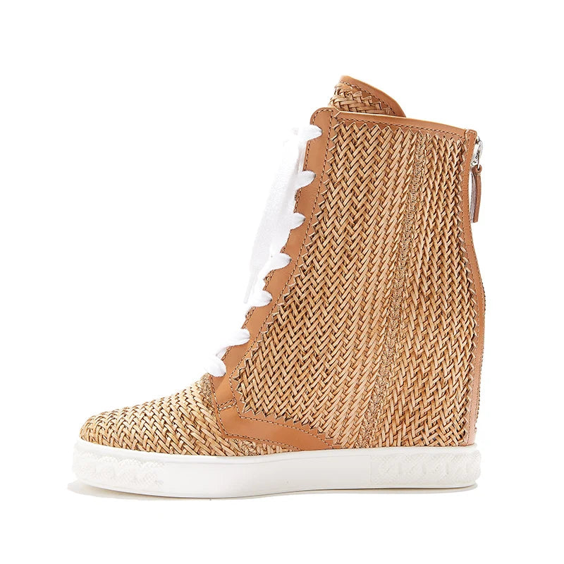 Breathable Brown Woven Lace Up Ankle Boots For Women