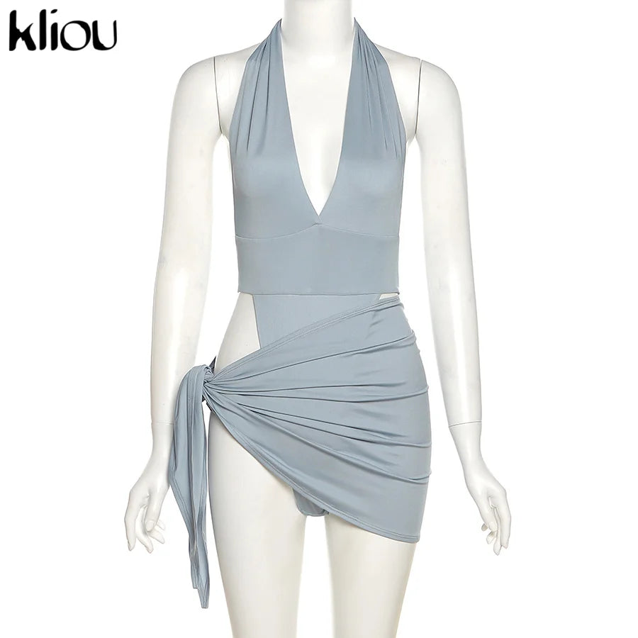 Deep V Neck Backless Halter Two Piece Skirt Set for Women
