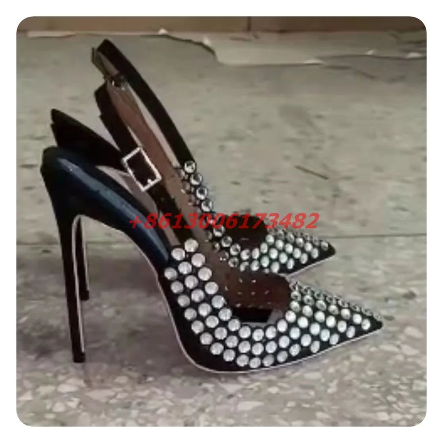 Pointed Toe Crystal Embellished Leather Slingback Pumps for Women