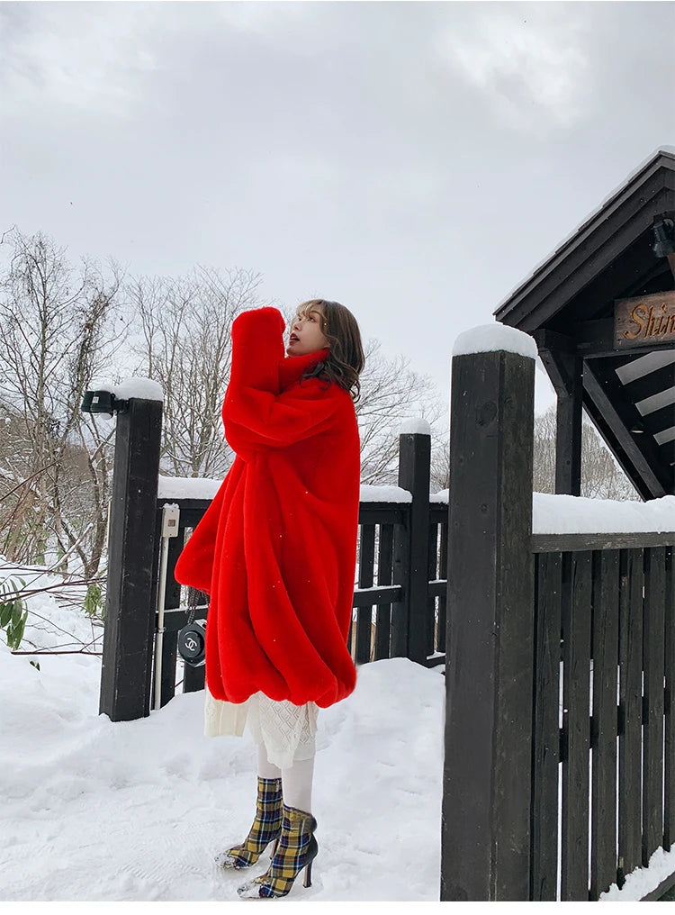 Soft Warm Fluffy Oversized Red Raglan Long Faux Fur Coat for Women