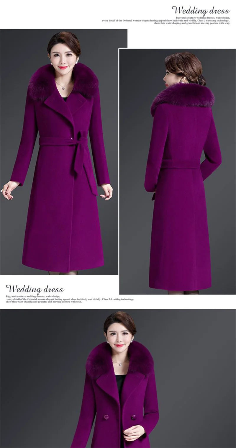 High Quality Big Fur Collar Woolen Coat Women Belt Knee-Length Double Breasted Mid-Long Woolen Jacket For Autumn Winter Outcoat