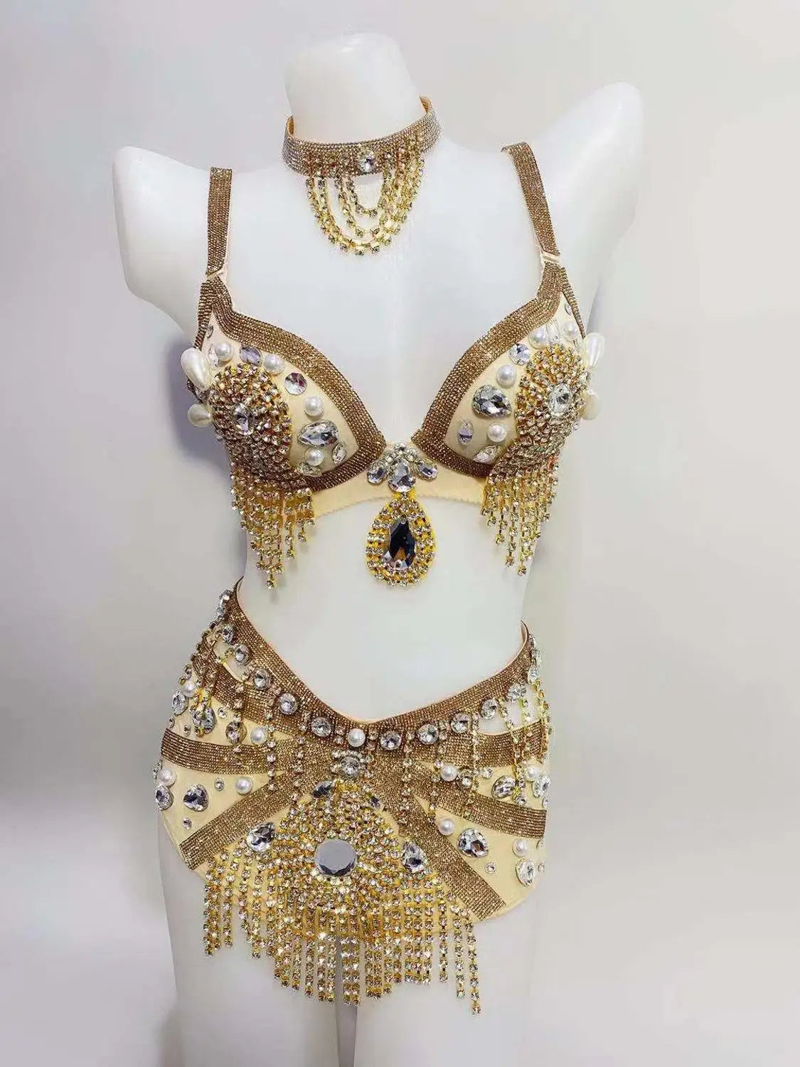 Gold Rhinestone Belly Dance Bikini Costume for Women