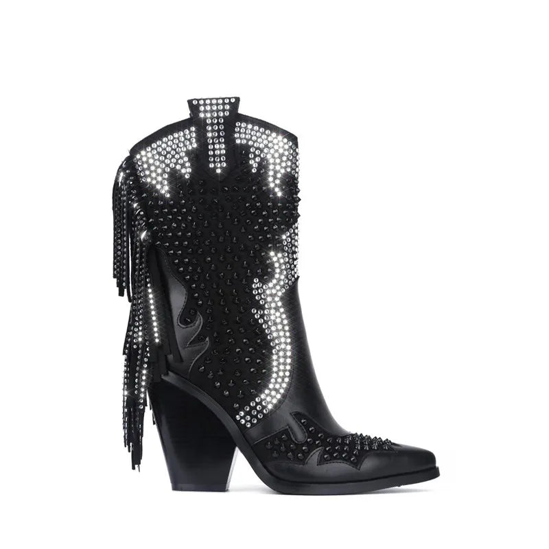 Western Rhinestone Fringe Over The Knee Boots For Women