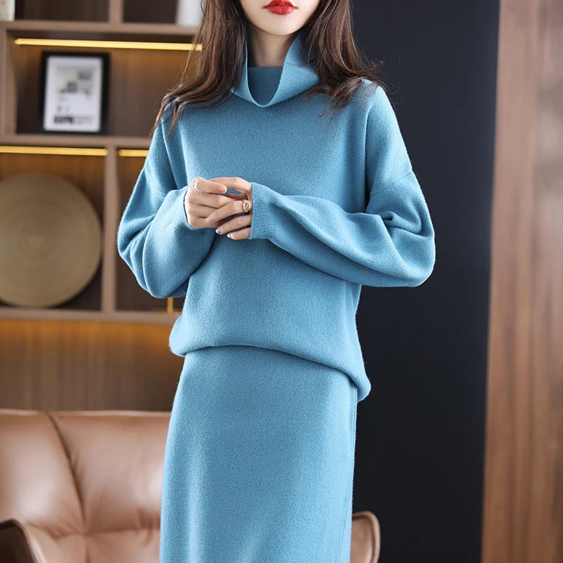 Wool Cashmere Knit Sweater and Skirt Two Piece Set for Women