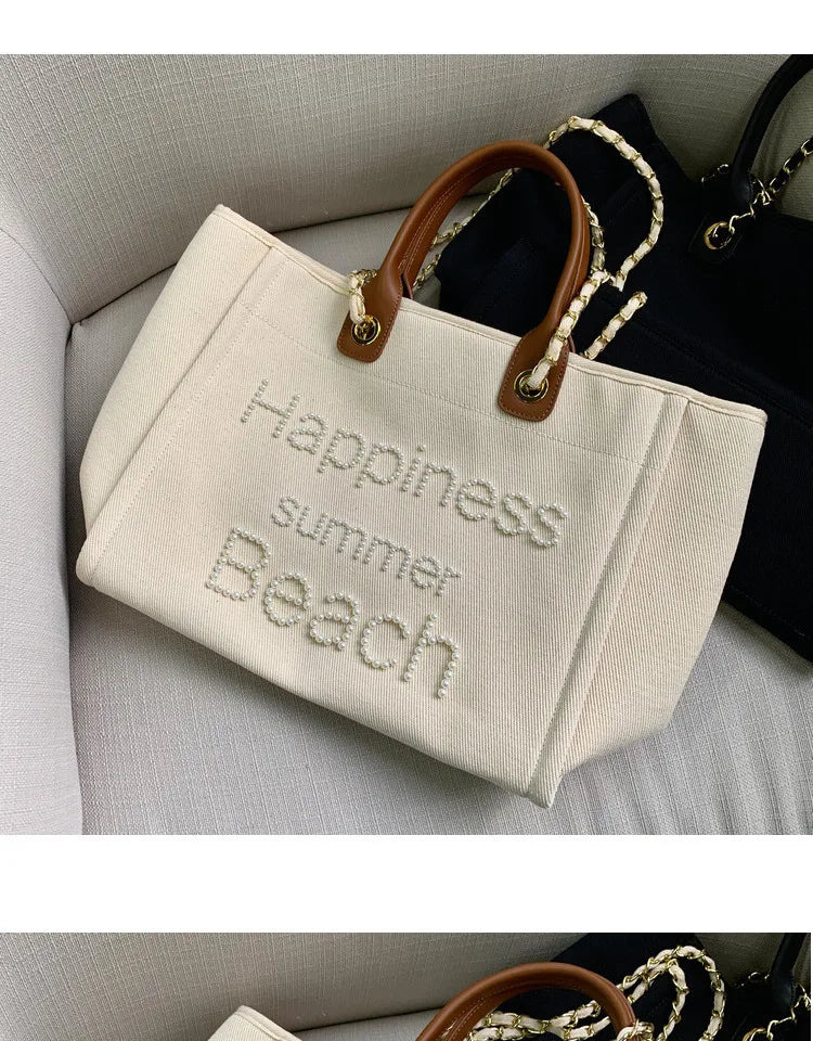 New Women Tote Bag Fashion Canvas Large Handbag Chains Genuine Leather Shoulder Bags Ladies Big Messenger Bag Shopping Bag