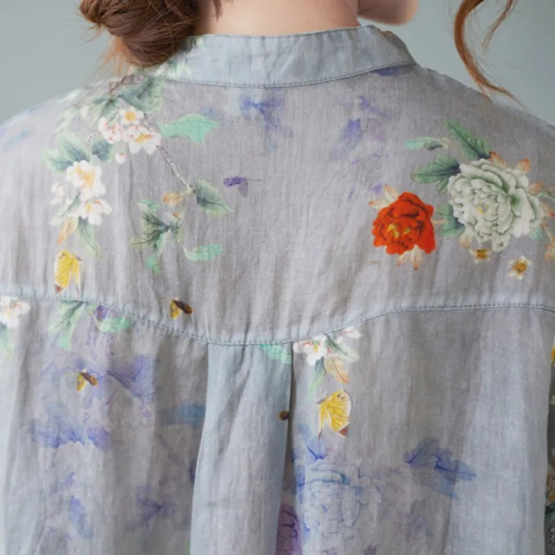 Relaxed Fit Floral Print Cotton Linen Short Sleeve Shirt for Women