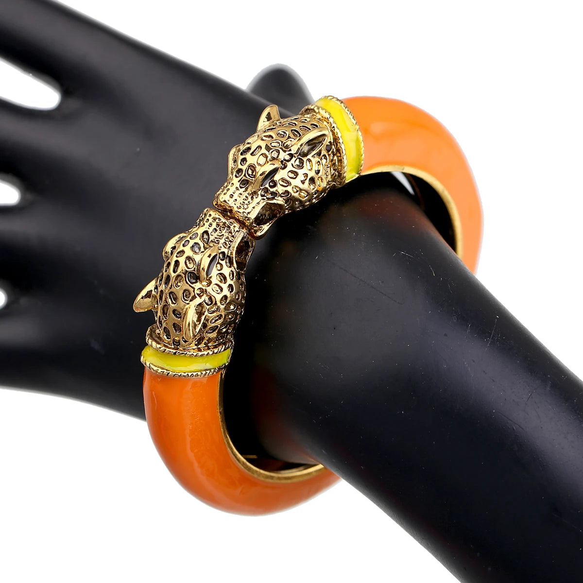 Double Leopard Head Enamel Cuff Bracelet for Women