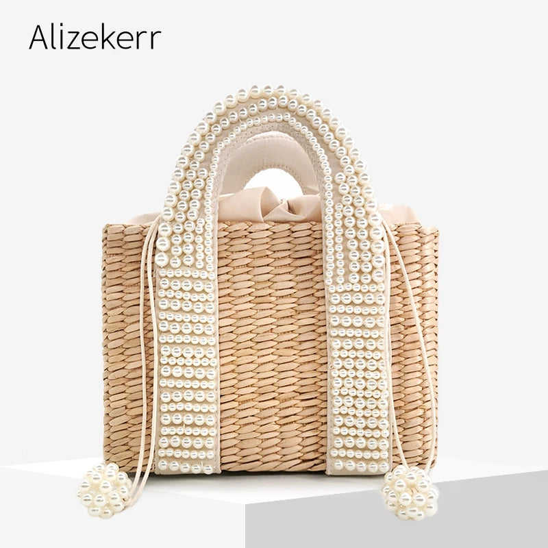 Delicate Handwoven Beaded Straw Tote Bag for Women