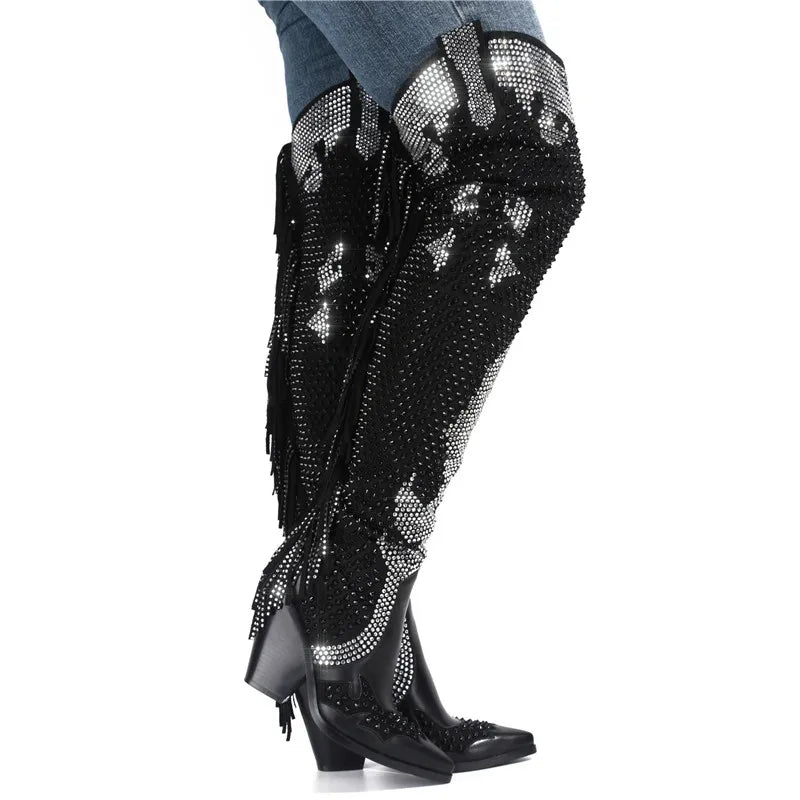Western Rhinestone Fringe Over The Knee Boots For Women