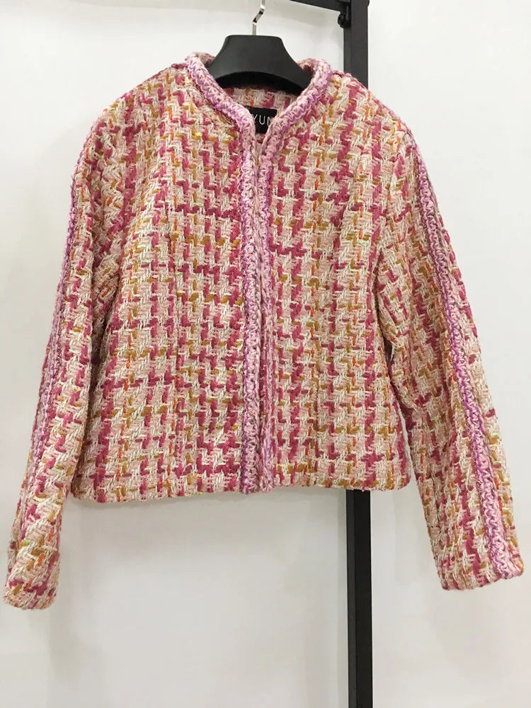 Pink O-Neck Cotton Single Breasted Jacket With Buttons And Rivets For Women
