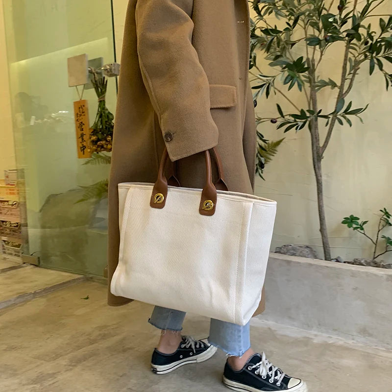 New Women Tote Bag Fashion Canvas Large Handbag Chains Genuine Leather Shoulder Bags Ladies Big Messenger Bag Shopping Bag