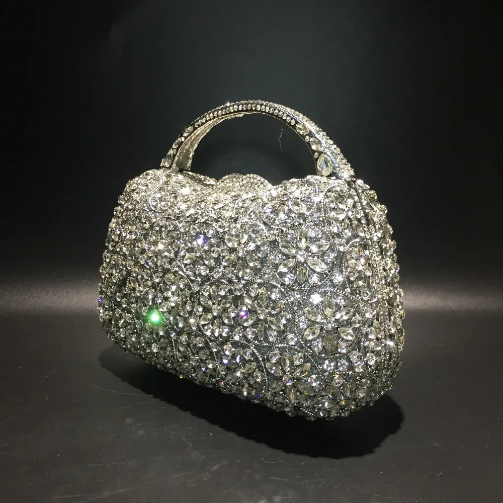 Women Champagne/Blue Color Stone Evening Bags Purses and Handbags Wedding Party Dinner Crystal Flower Clutch Bags Minaudiere Bag