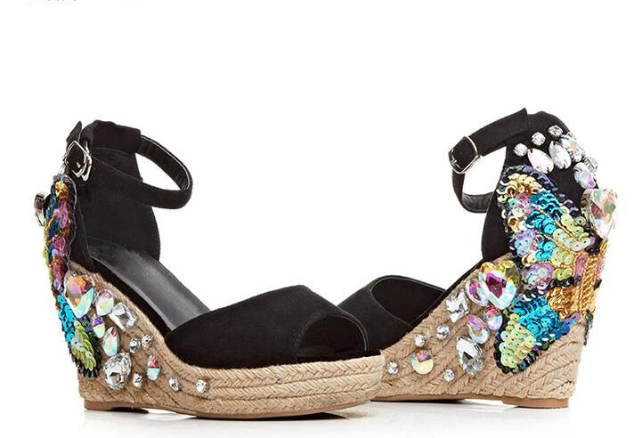 Butterfly Rhinestone Embellished Rope Braided Wedge Sandals Peep Toe for Women