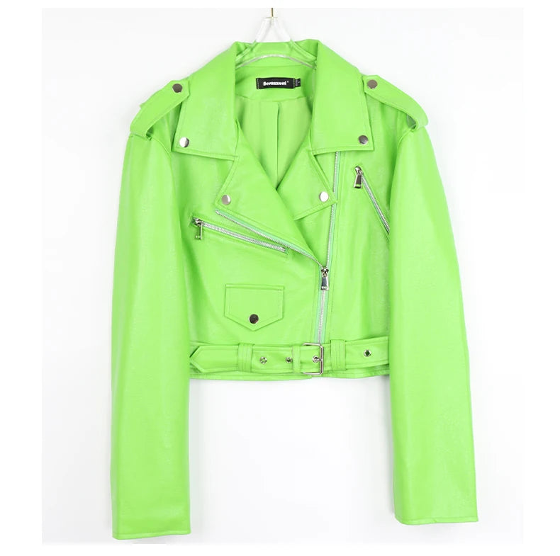 Faux Leather Short Biker Jacket with Zipper and Epaulets for Women