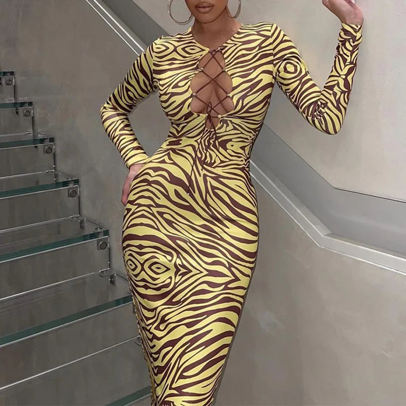 Zebra Print Hollow Out Bodycon Midi Dress for Women