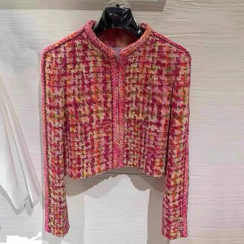 Pink O-Neck Cotton Single Breasted Jacket With Buttons And Rivets For Women