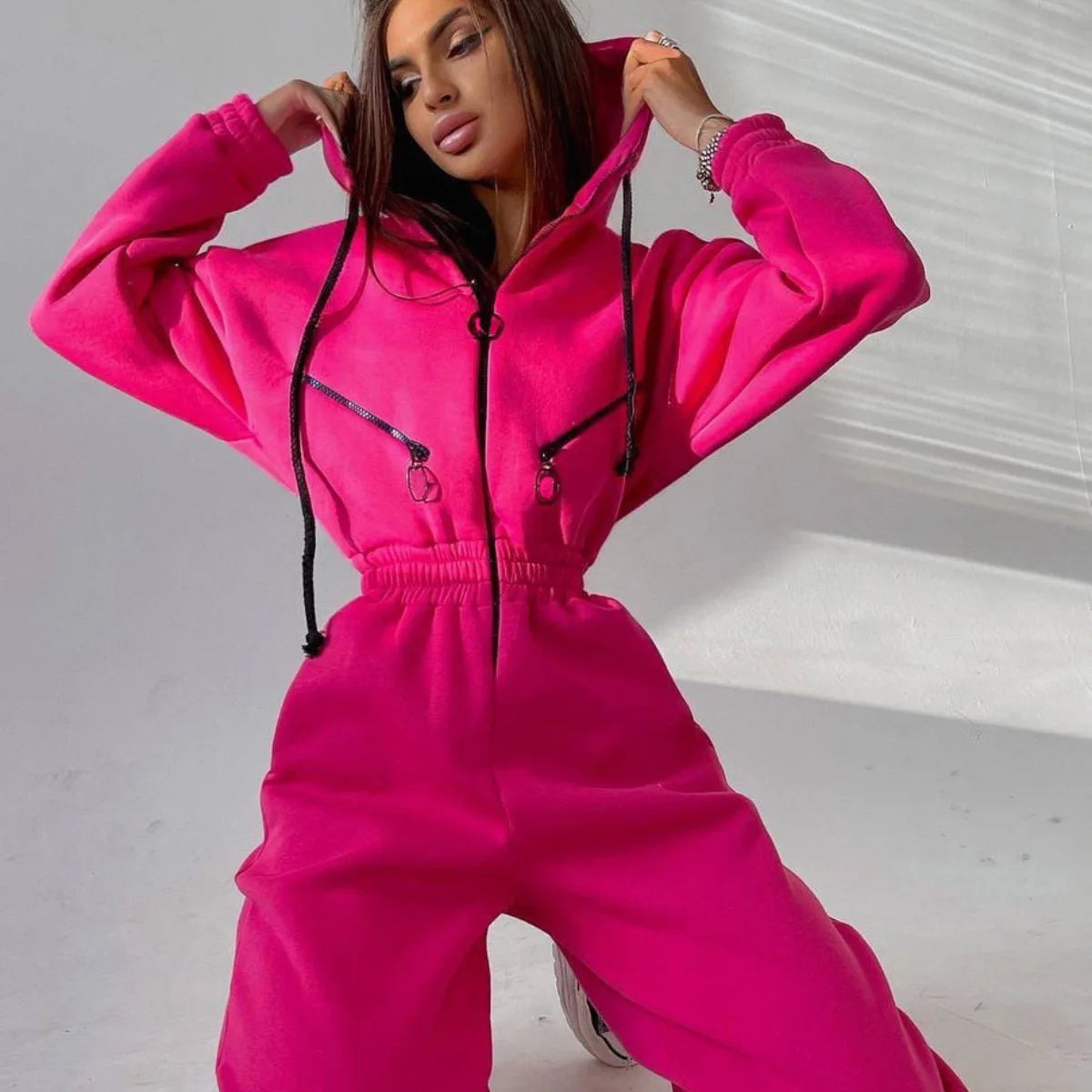 Casual Long Sleeve Hooded Jumpsuit With Pockets for Women