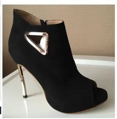 Purple Suede Peep Toe Cut Out Ankle Boots With Gold Heel for Women