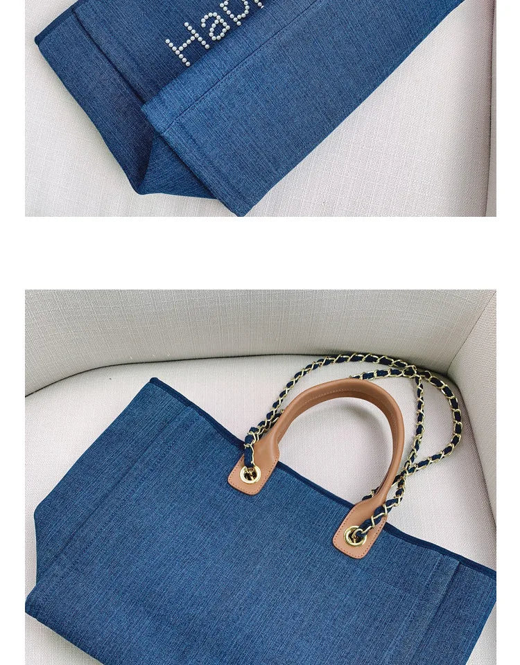 New Women Tote Bag Fashion Canvas Large Handbag Chains Genuine Leather Shoulder Bags Ladies Big Messenger Bag Shopping Bag