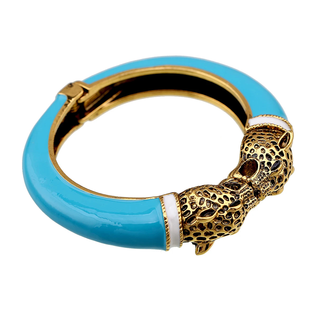 Double Leopard Head Enamel Cuff Bracelet for Women