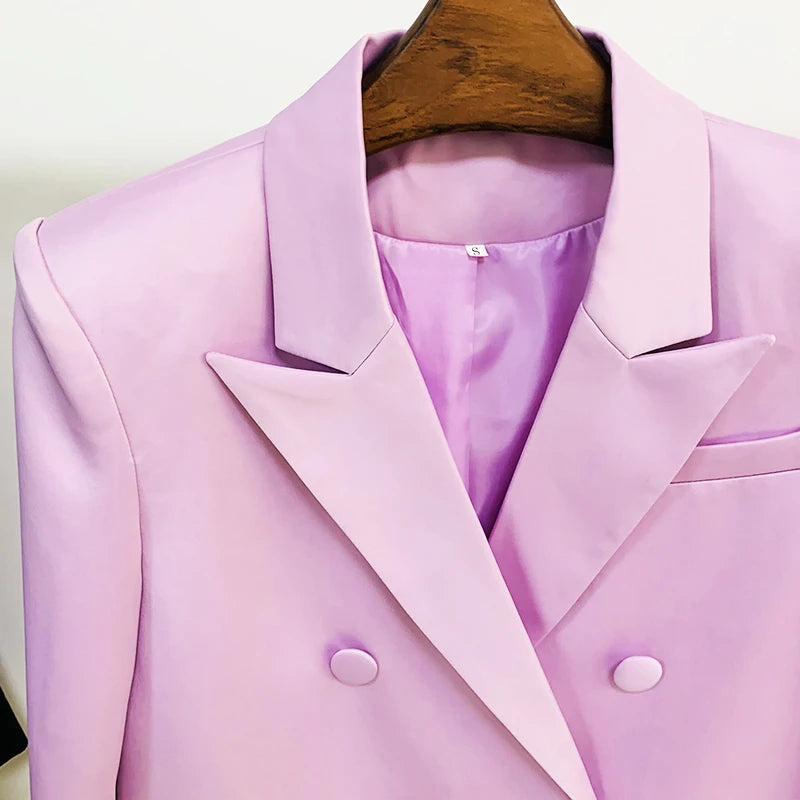 HIGH STREET Newest Fashion 2026 Designer Runway Suit Set Women's Double Breasted Straght Satin Blazer Mini Skirt Set