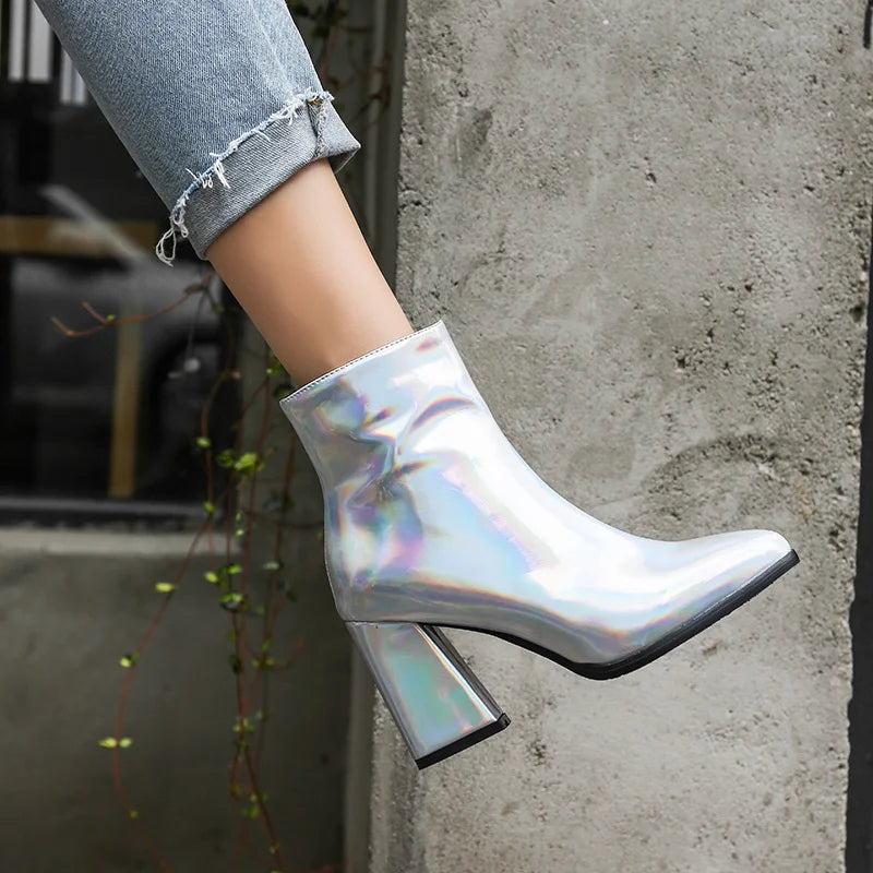 Metallic Silver Pointed Ankle Boots