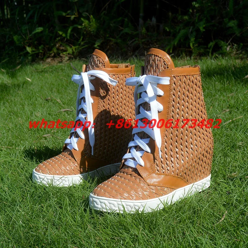 Breathable Brown Woven Lace Up Ankle Boots For Women