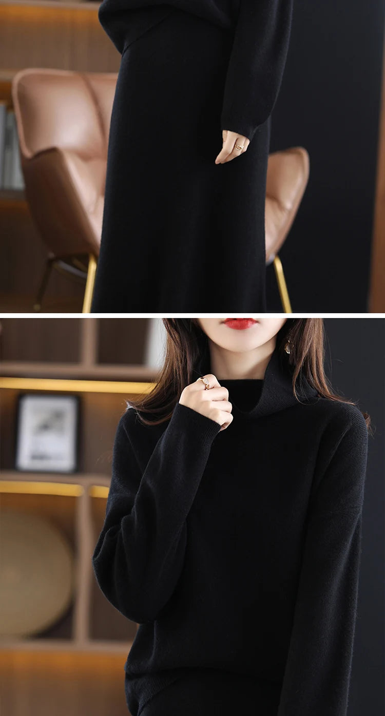 Wool Cashmere Knit Sweater and Skirt Two Piece Set for Women