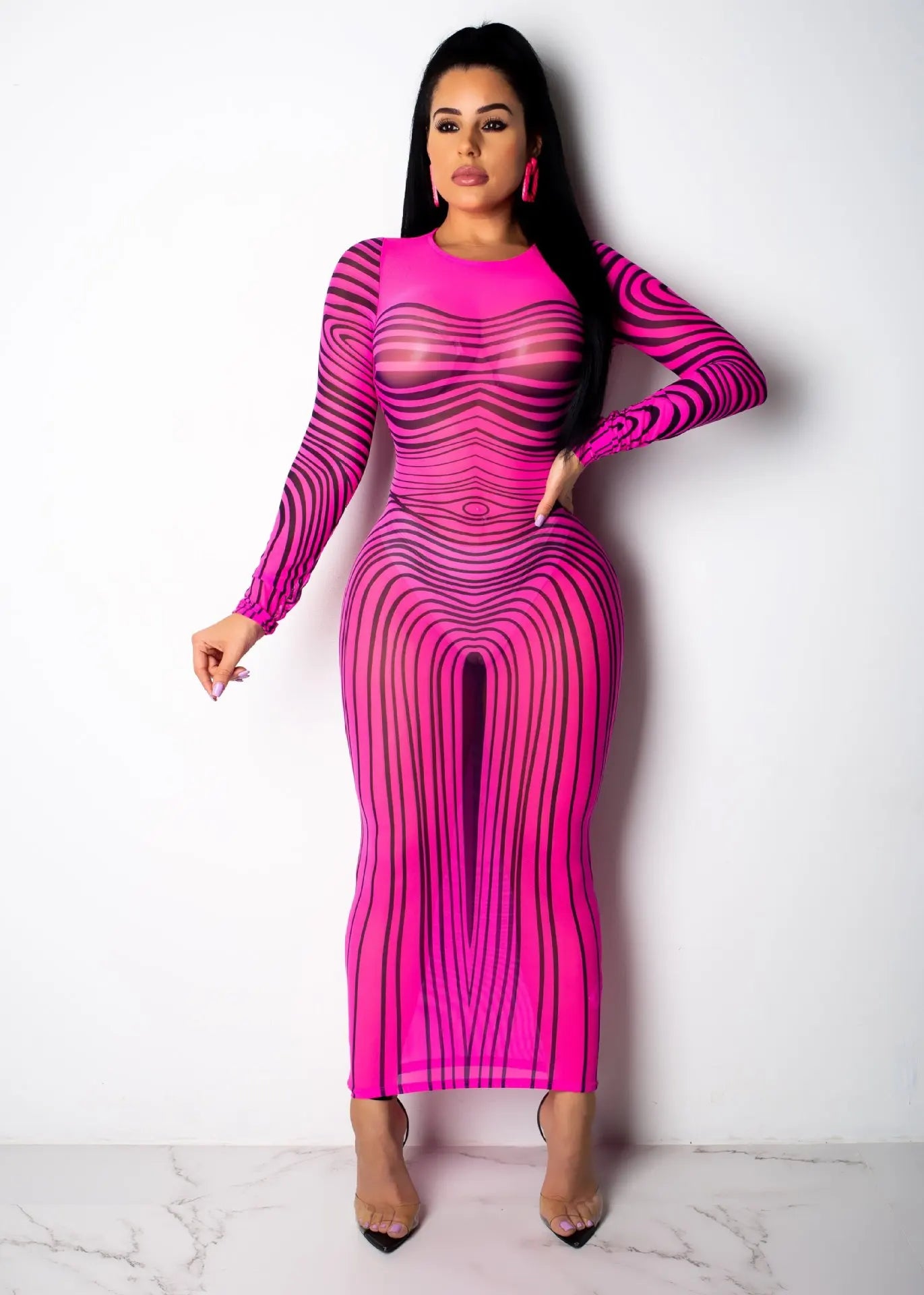 Long Sleeve Mesh Maxi Dress with Stripe Print for Women