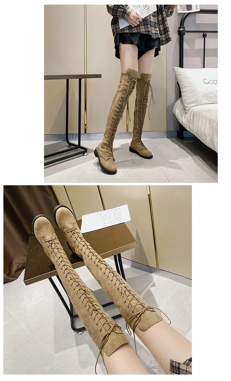 Lace Up Low Heel Winter Over The Knee Boots for Women