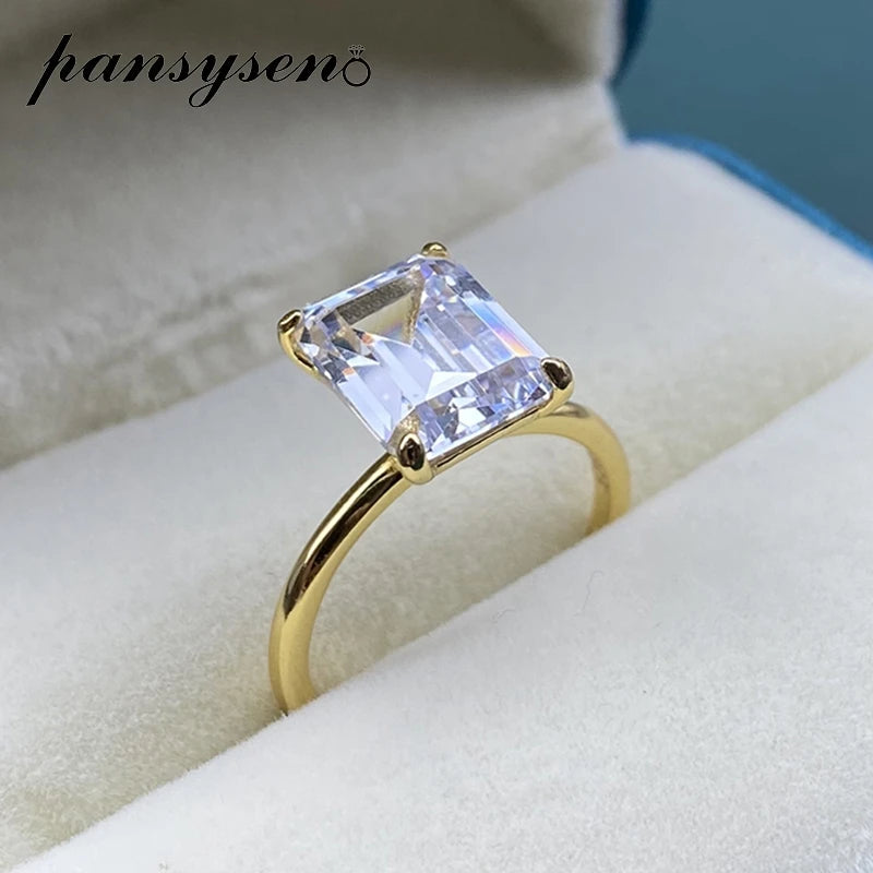 PANSYSEN White/Yellow/Rose Gold Color Luxury 8x10MM Emerald Cut AAA Zircon Rings for Women 100% 925 Sterling Silver Fine Jewelry