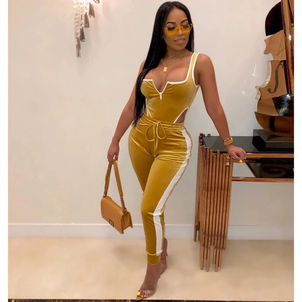Velvet V-Neck Two Piece Top and Pants Set for Women