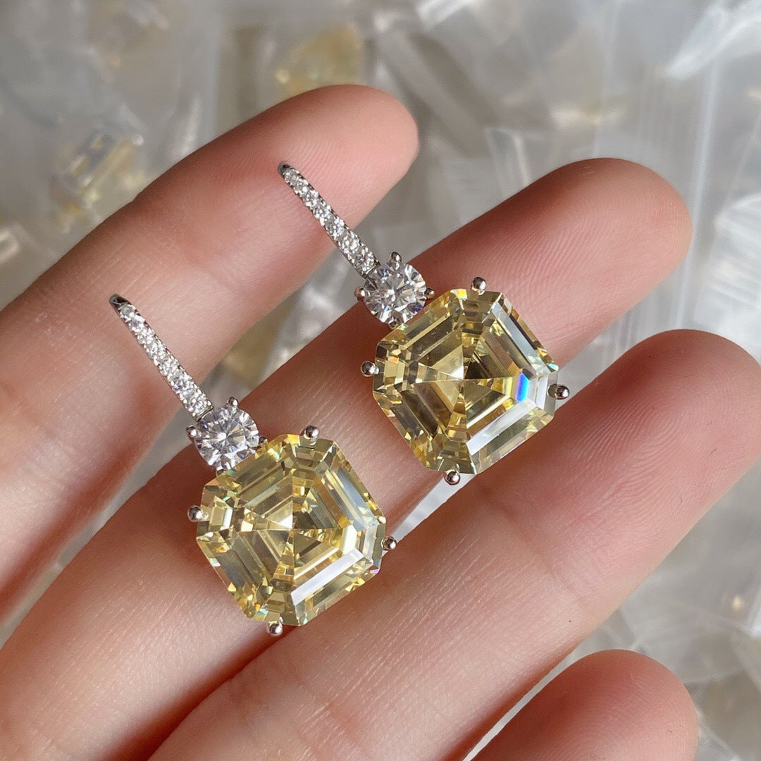 PANSYSEN 925 Sterling Silver Asscher Cut Simulated Moissanite Citrine Gemstone Drop Earrings for Women Wedding Fine Jewelry Gift