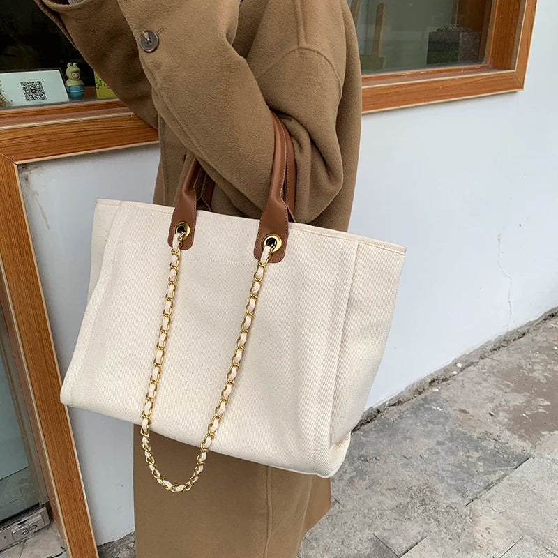 New Women Tote Bag Fashion Canvas Large Handbag Chains Genuine Leather Shoulder Bags Ladies Big Messenger Bag Shopping Bag