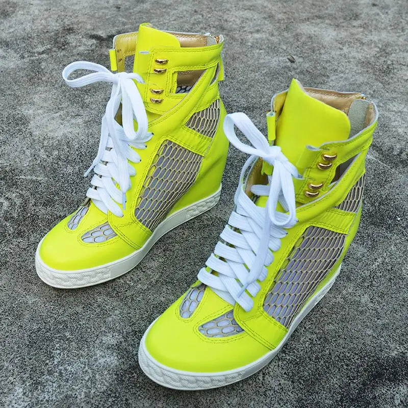 Lace Up Breathable Mesh Platform Wedge Shoes With Rivet Decoration For Women