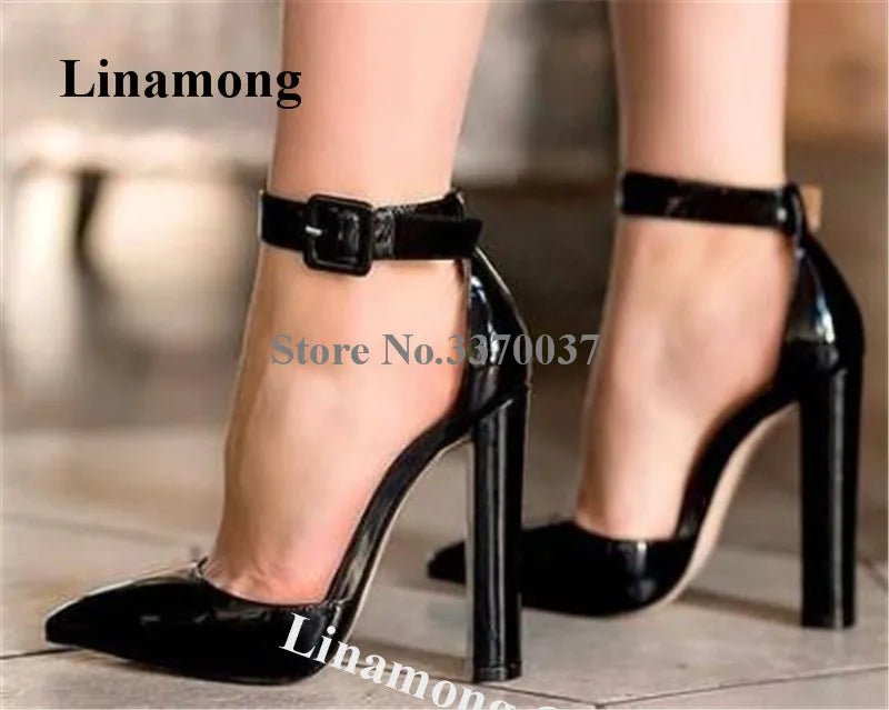 Pointed Toe Patent Leather Chunky Heel Pumps for Women