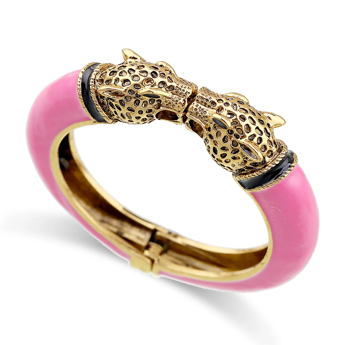 Double Leopard Head Enamel Cuff Bracelet for Women