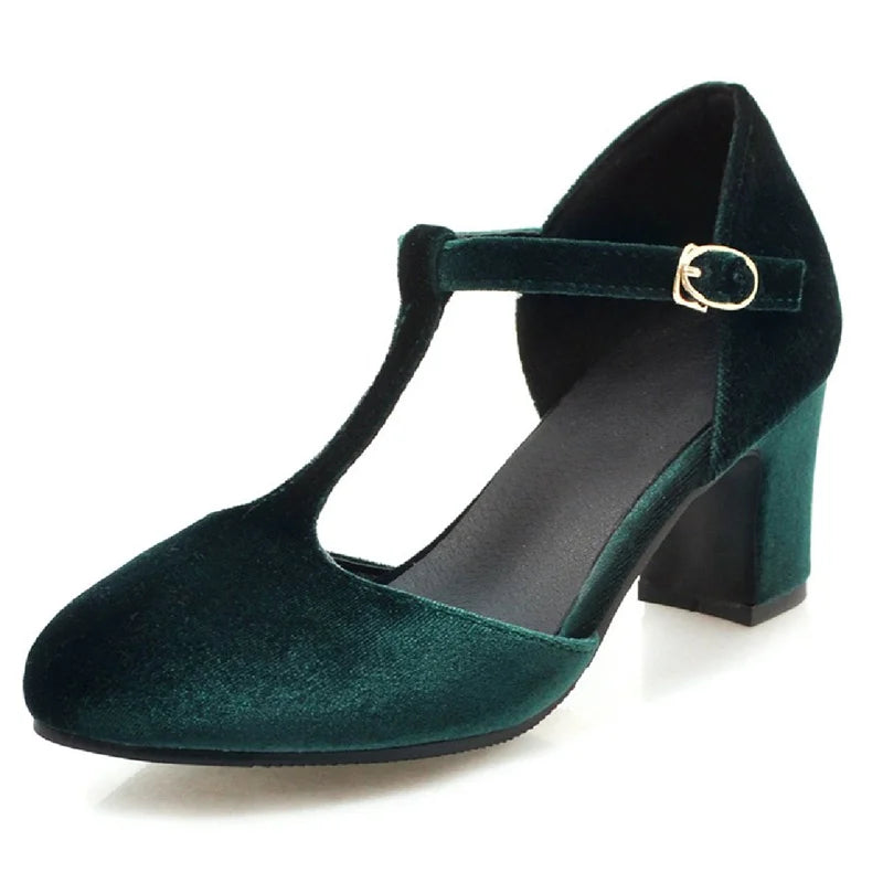 Velvet T Strap Square Heel Mary Janes