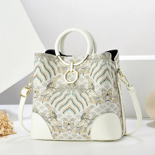 2024 Women's Large Capacity Printed Bucket Bag New Chinese Style Crossbody Tote Atmospheric Handbag Delivery Included Polyester