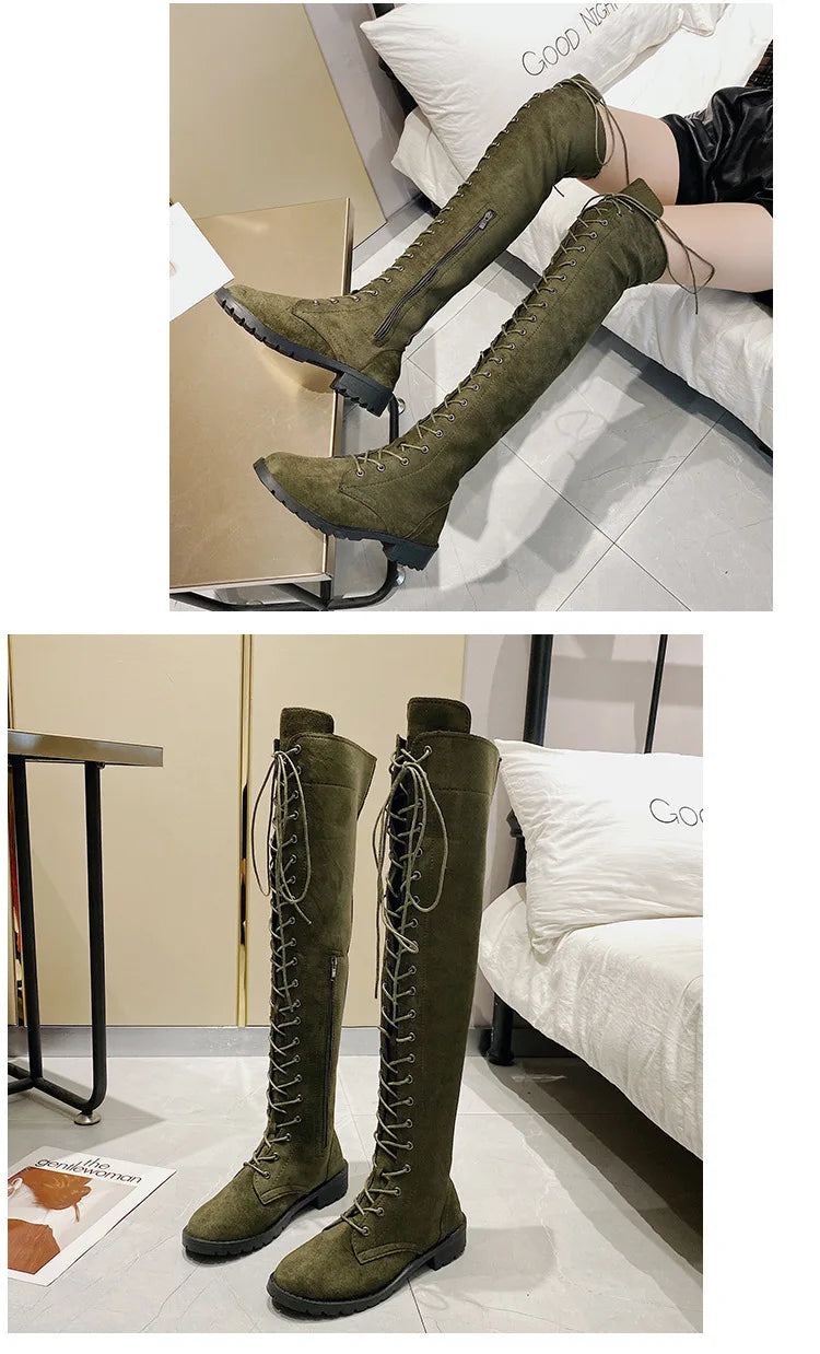 Lace Up Low Heel Winter Over The Knee Boots for Women