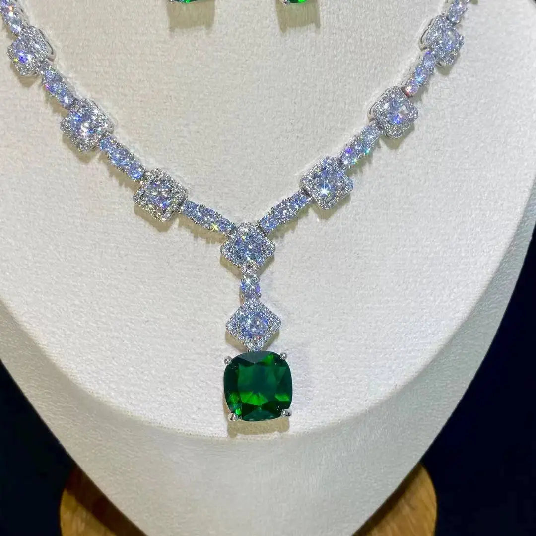 Square Rhinestone Bright Yellow Green Drop Earring Necklace Set For Women
