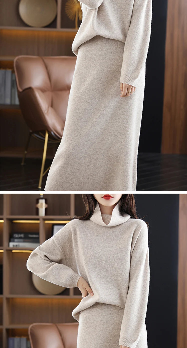 Wool Cashmere Knit Sweater and Skirt Two Piece Set for Women