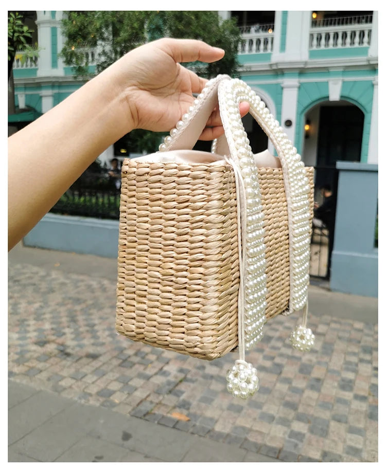Delicate Handwoven Beaded Straw Tote Bag for Women