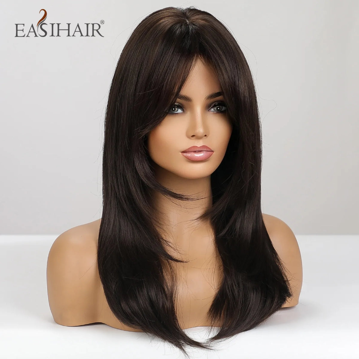 Dark Brown Synthetic Layered Wig With Bangs for Women