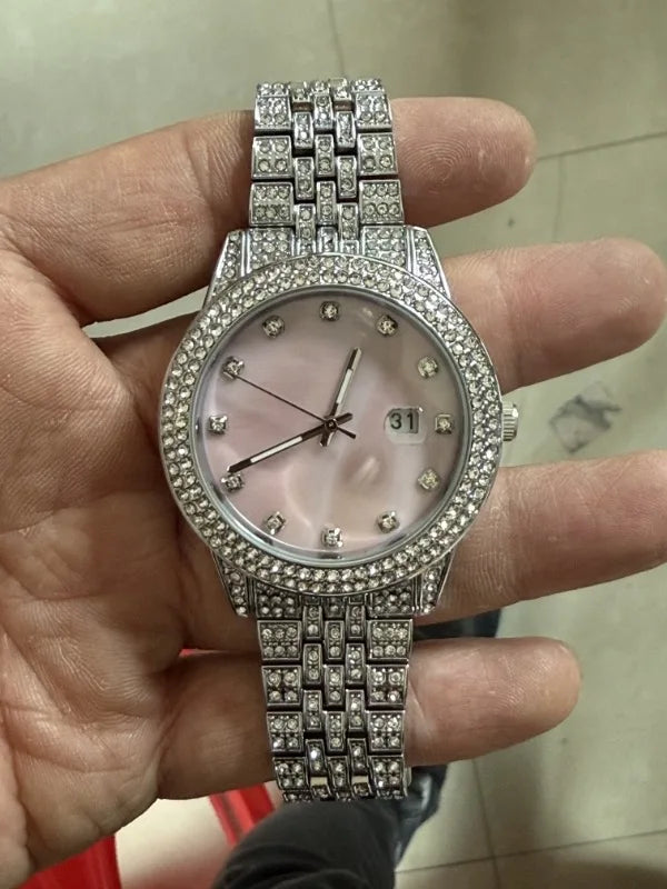 2025 UWIN Pink Mother of Pearl Watch White Gold Finished Iced Out Pink Marble Dial Crystal Luxury Watch for Women