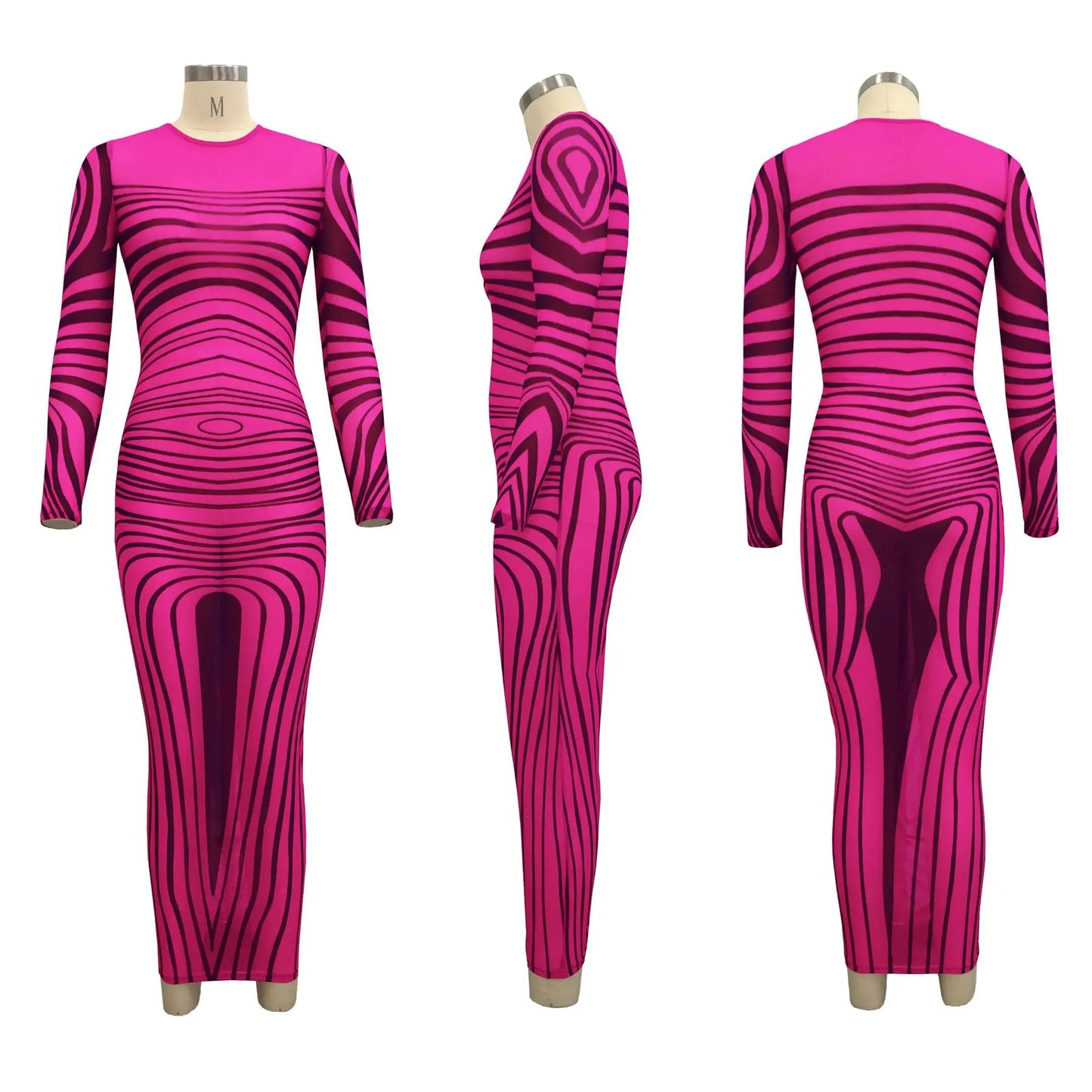Long Sleeve Mesh Maxi Dress with Stripe Print for Women