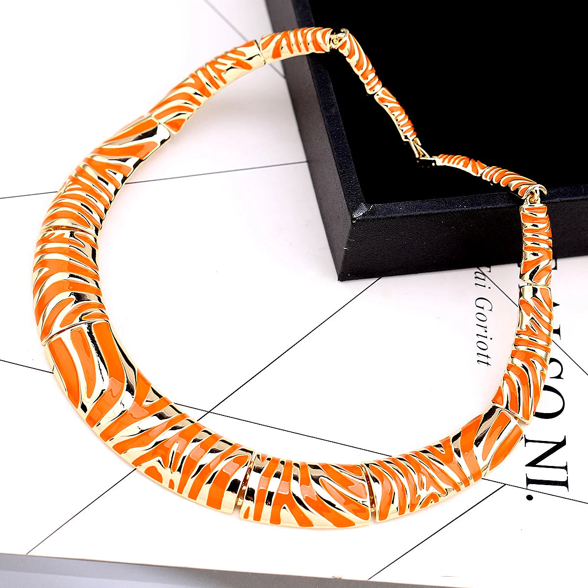 Gold Plated Zebra Stripe Enamel Collar Necklace for Women